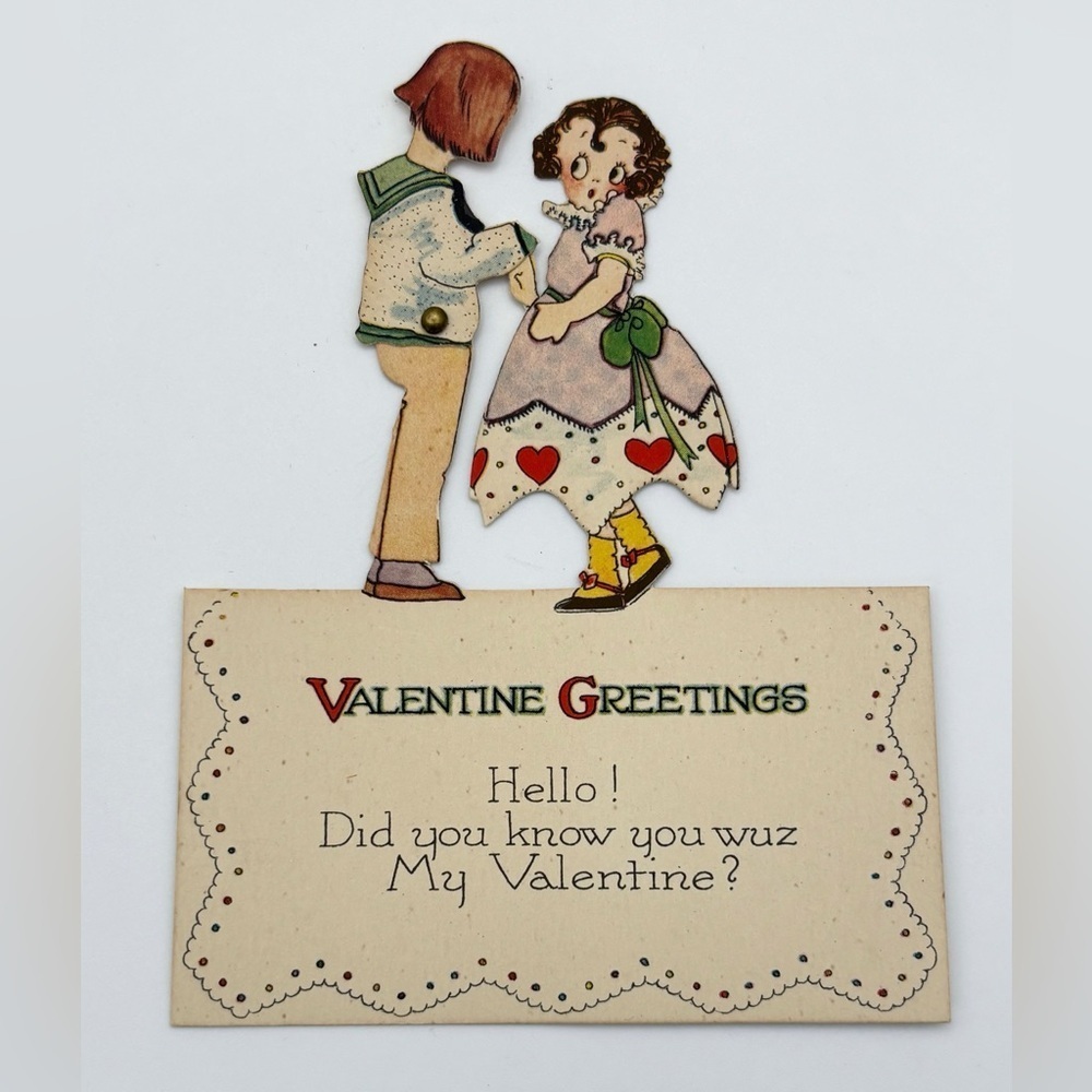 Vintage Valentines Day Stand Up Card Dancing Box Girl Movable Surprise Kiss
